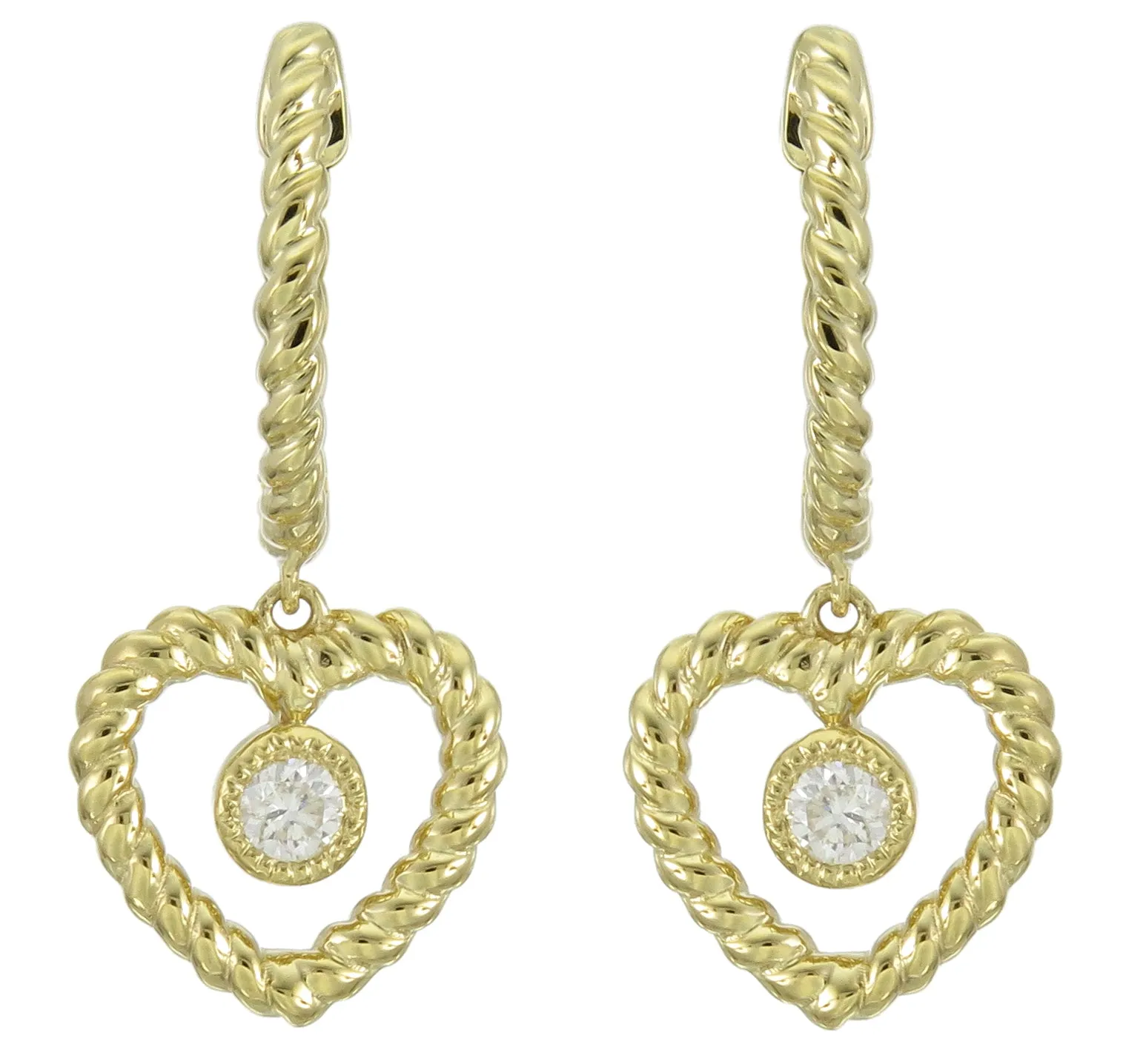 0.08ct tw Heart Shaped Open Heart Twisted Rope Design Diamond Dangling Earrings