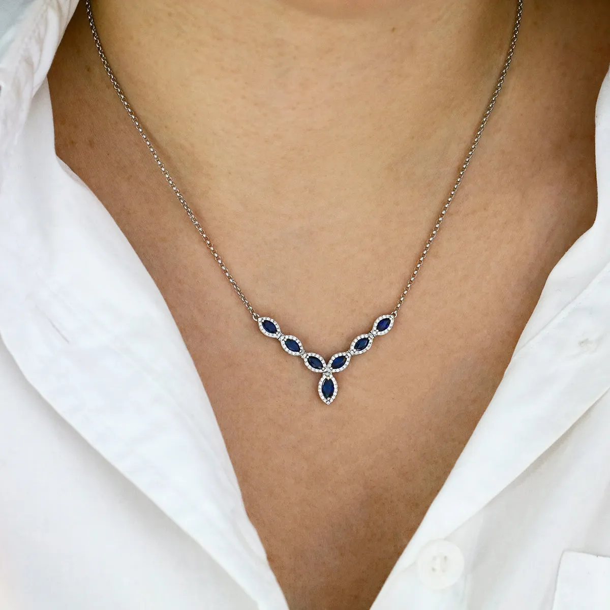 0.49ct Marquise Cut Sapphire and 0.30ct Diamond Necklace | Pre-Loved | 14K White Gold