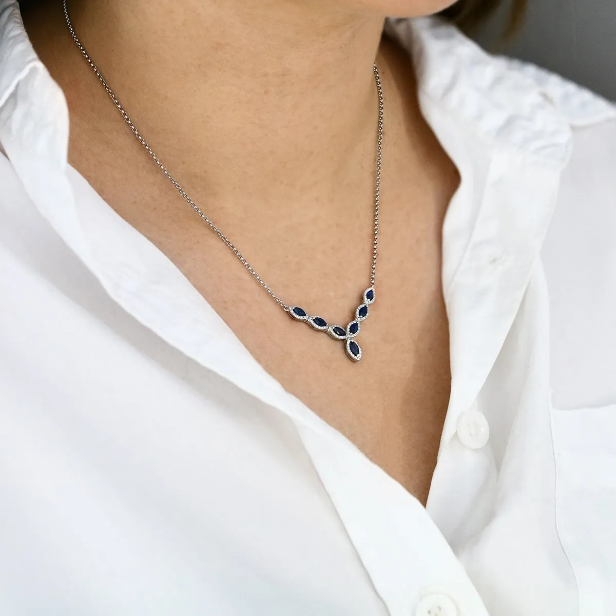 0.49ct Marquise Cut Sapphire and 0.30ct Diamond Necklace | Pre-Loved | 14K White Gold