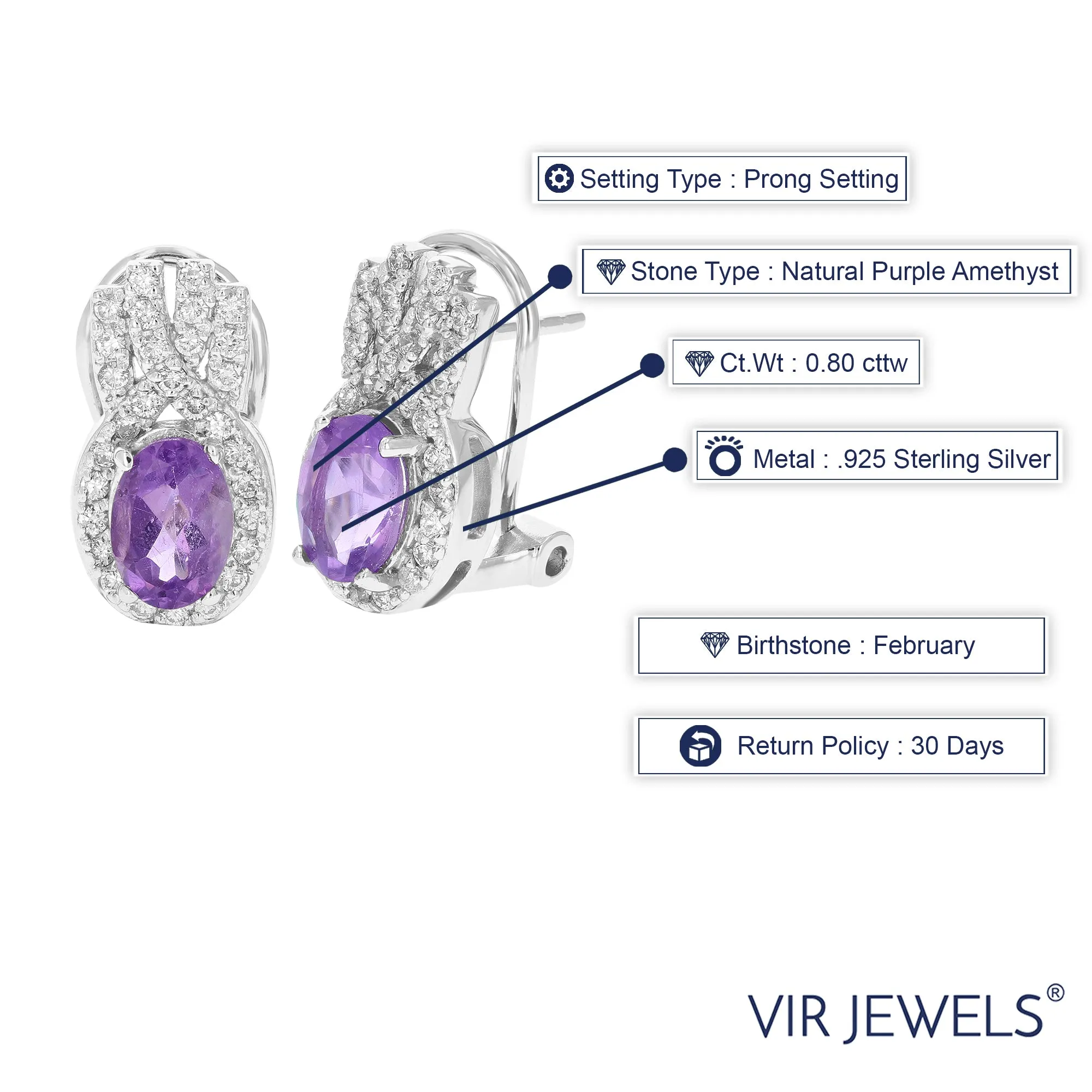 0.80 cttw Purple Amethyst Dangle Earrings .925 Sterling Silver 7x5 MM Oval