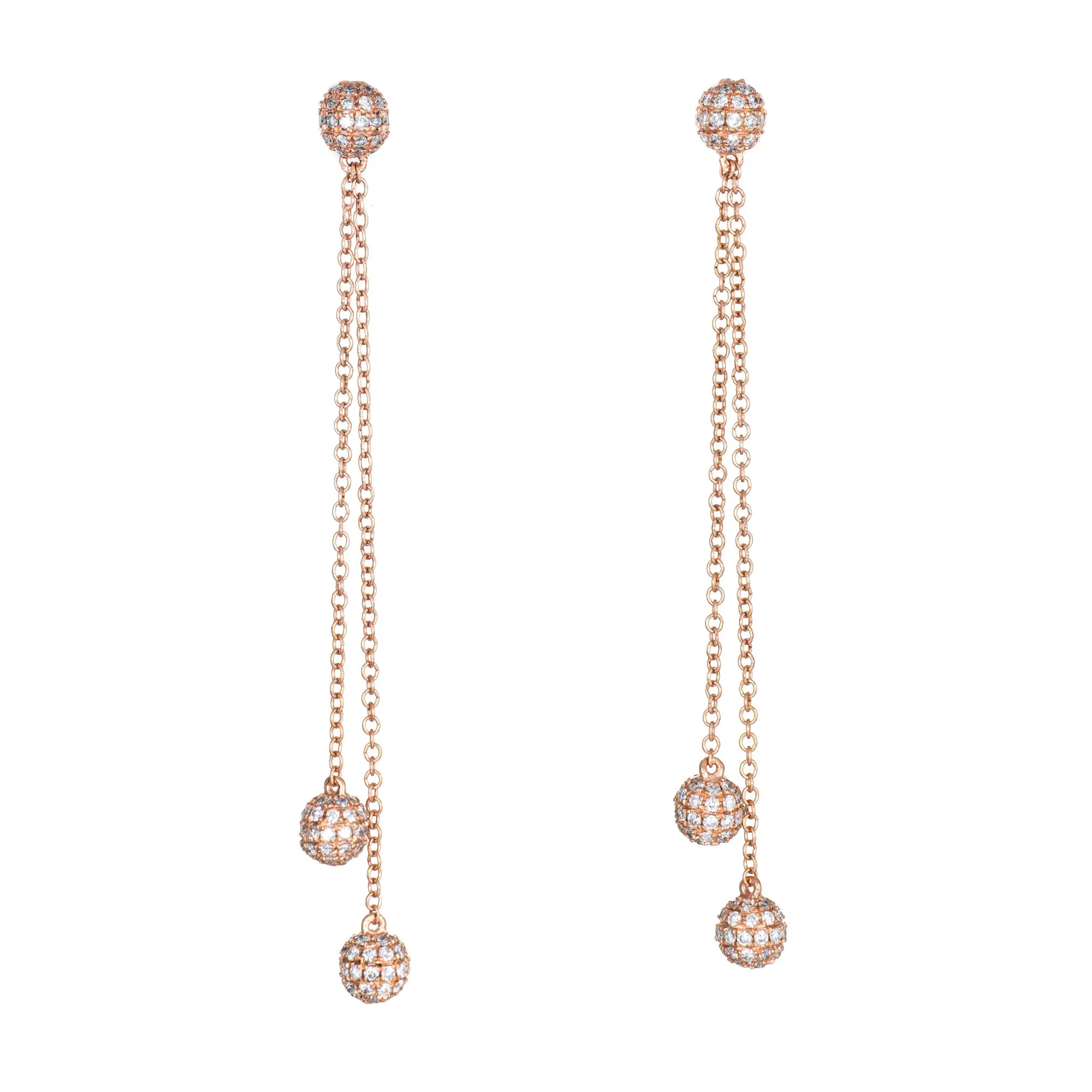 0.80ct Diamond Orb Earrings 14k Rose Gold Long 2.25" Dangle Estate Fine Jewelry