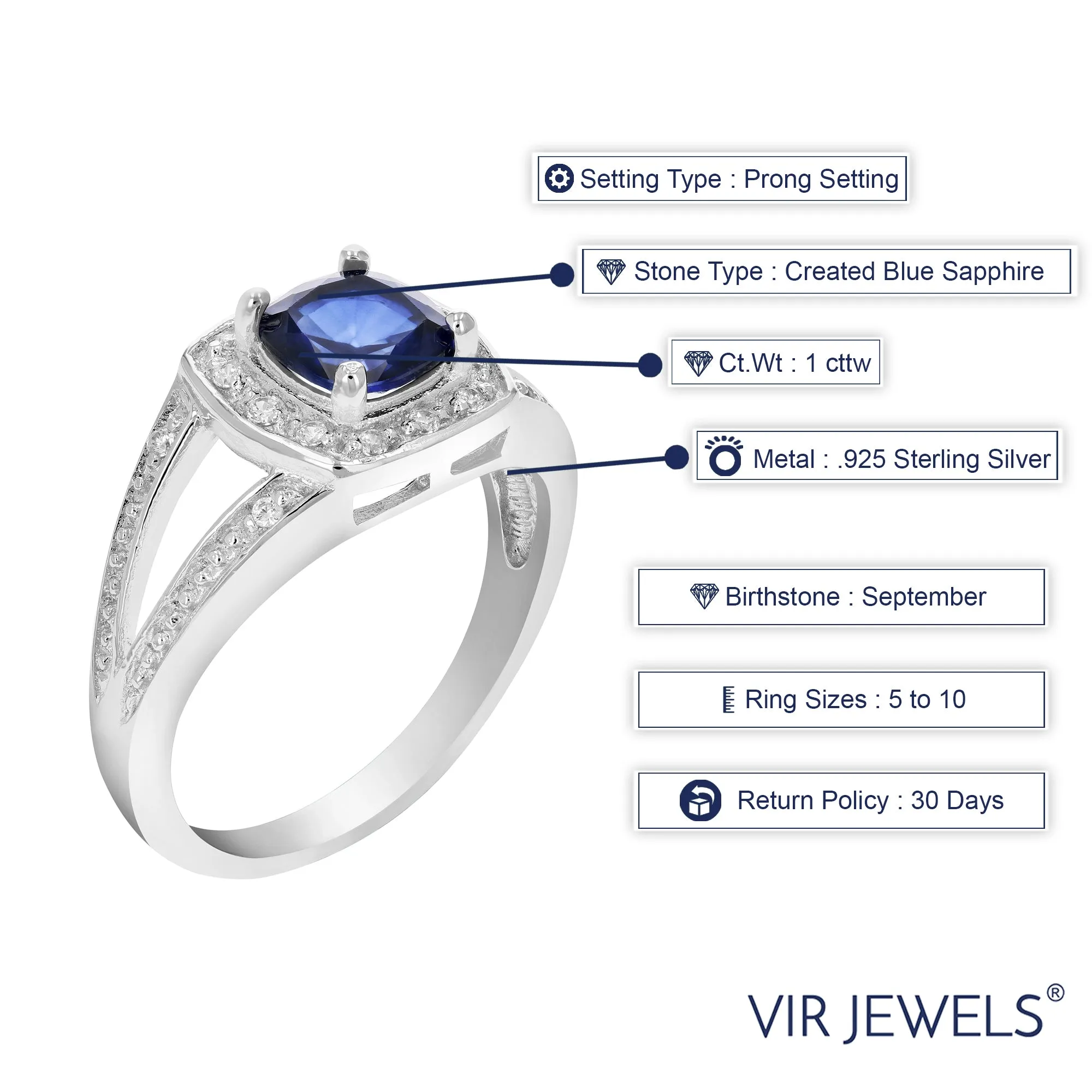 1 cttw Created Blue Sapphire Ring .925 Sterling Silver Cushion 6 MM Size 7