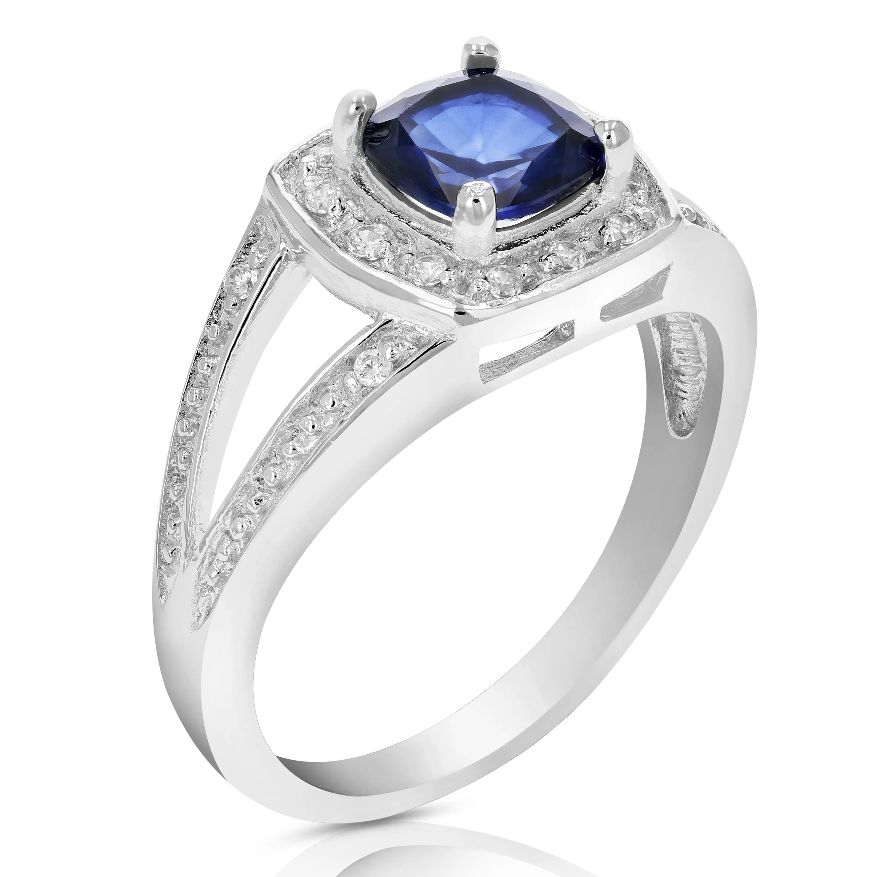 1 cttw Created Blue Sapphire Ring .925 Sterling Silver Cushion 6 MM Size 7