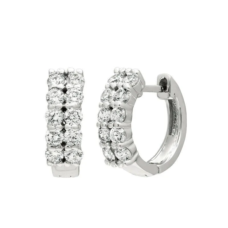 1.00 Carat Natural 2 Rows Diamond Hoop Earrings G SI 14K White Gold
