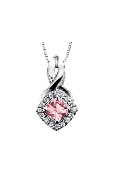10K White Gold Pink Tourmaline and Diamond Halo Pendant with Chain