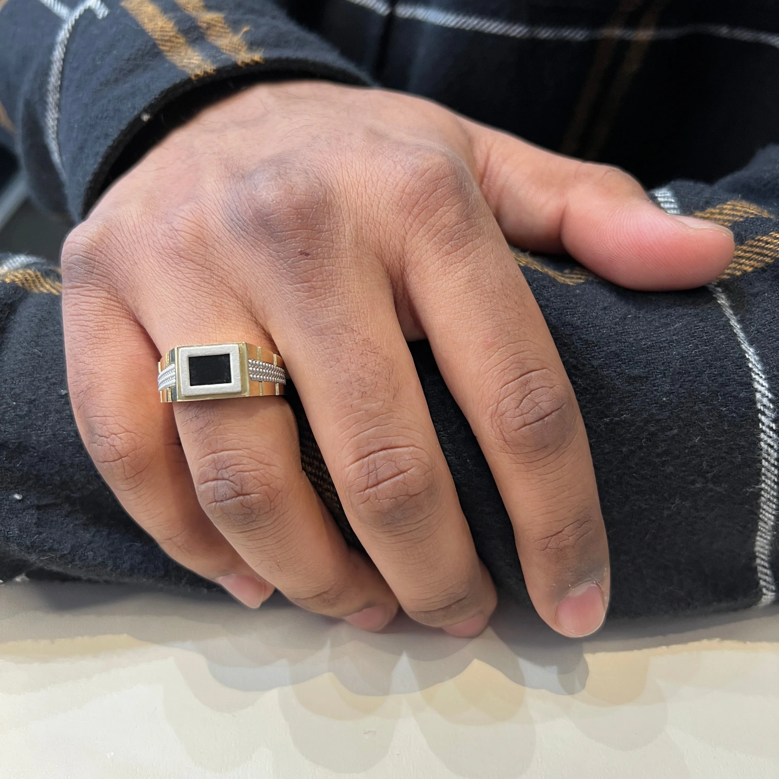 10K Yellow and White Gold Mens Black Onyx Ring