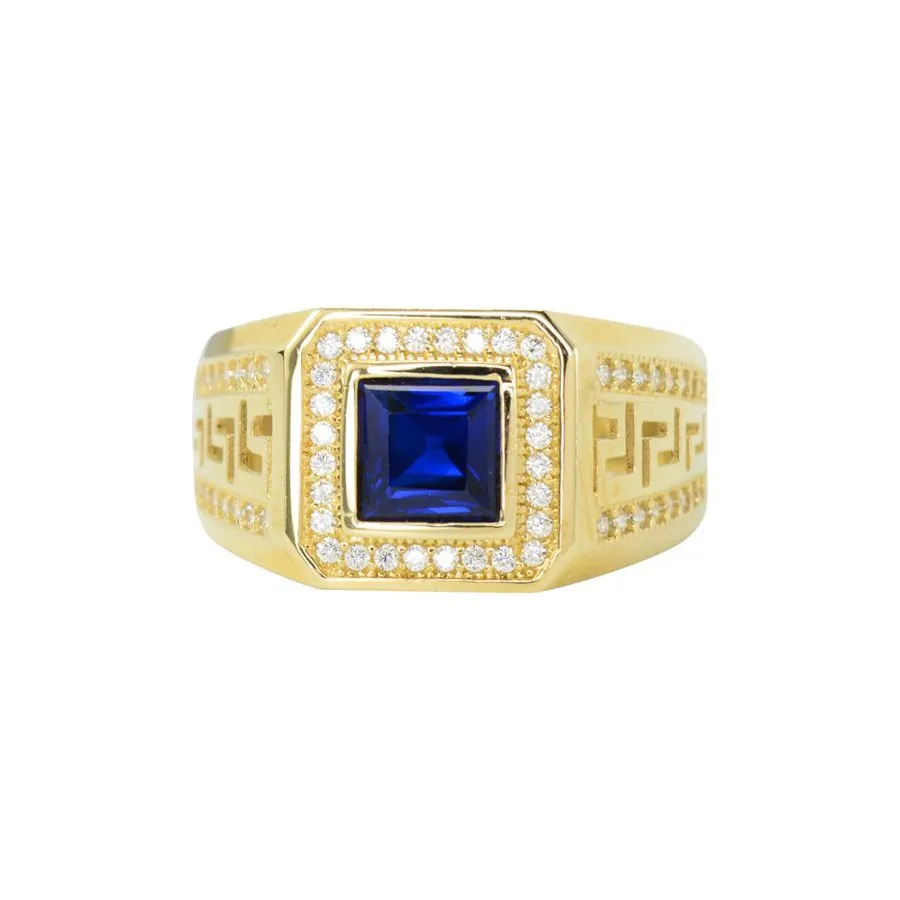 10K Yellow Gold Blue Cubic Zirconia Greek Key Mens Ring