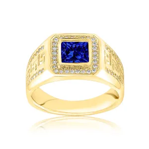 10K Yellow Gold Blue Cubic Zirconia Greek Key Mens Ring
