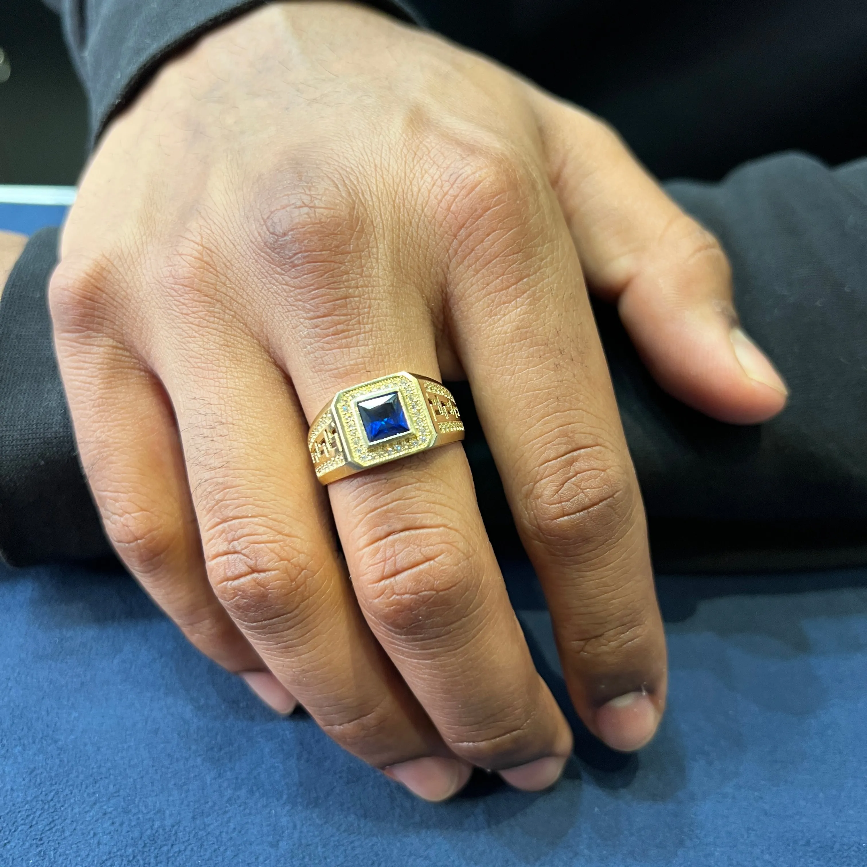 10K Yellow Gold Blue Cubic Zirconia Greek Key Mens Ring