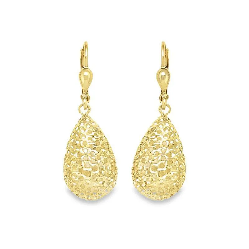 10K Yellow Gold Fancy Diamond Cut Tear Drop Earrings