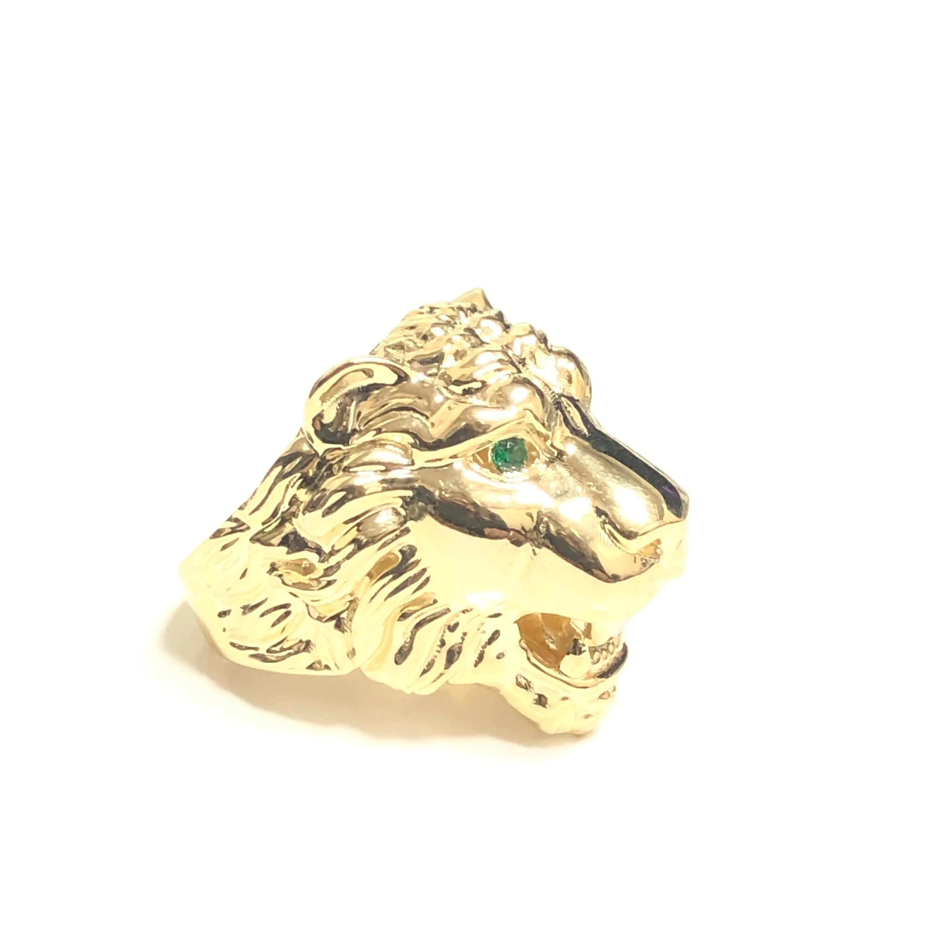 10K Yellow Gold Lion Head Ring With Green CZ