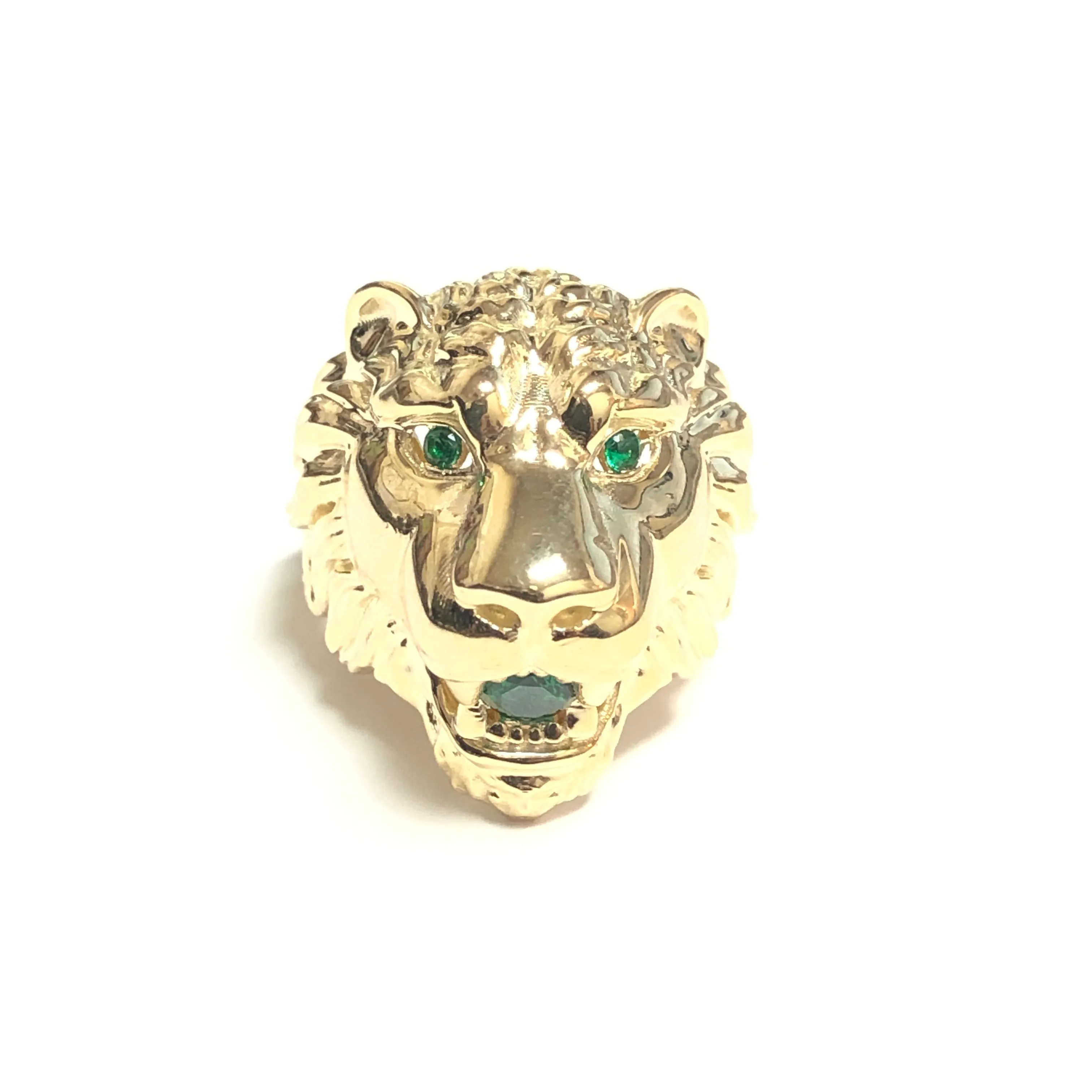 10K Yellow Gold Lion Head Ring With Green CZ