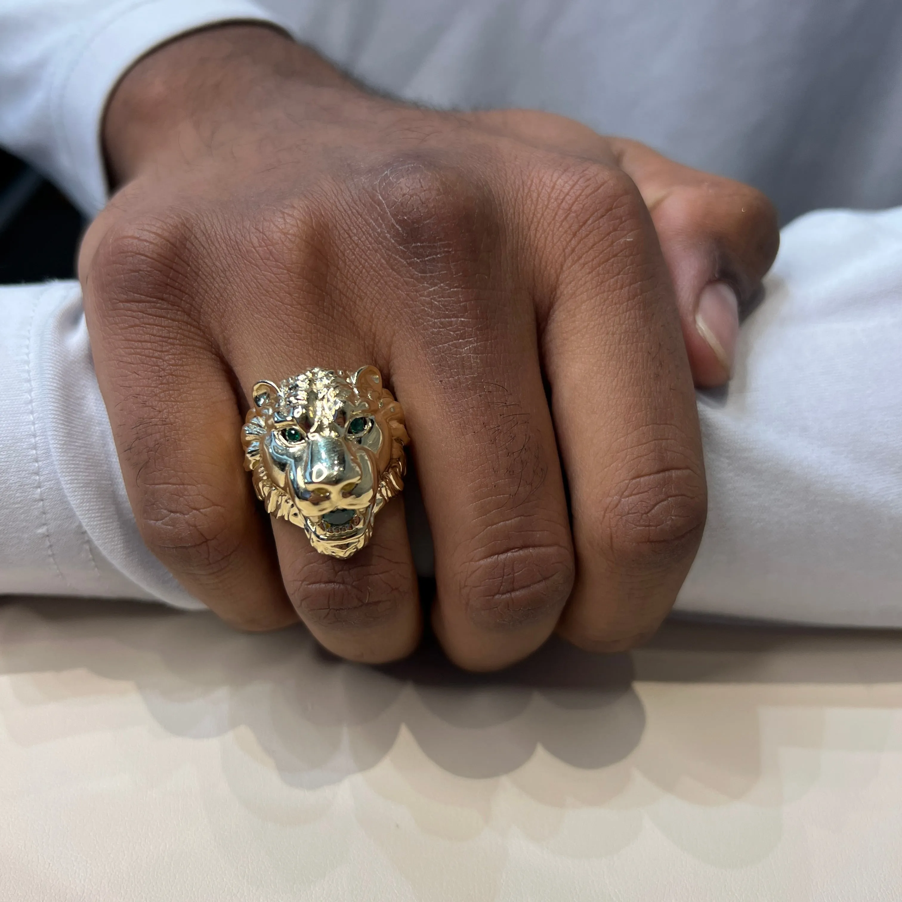 10K Yellow Gold Lion Head Ring With Green CZ
