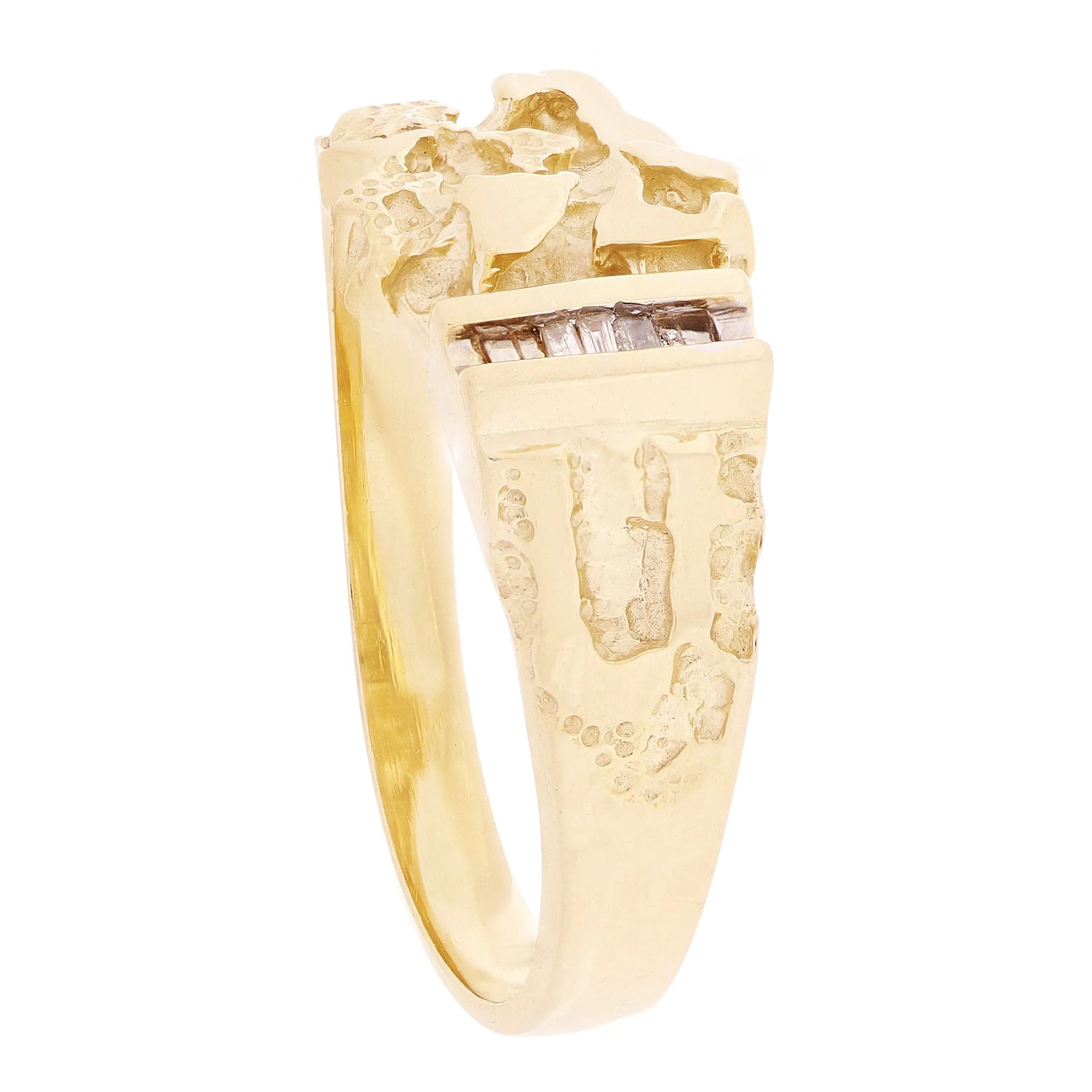 10k Yellow Gold Nugget Ring with Baguette Diamonds 10.4mm Size 11