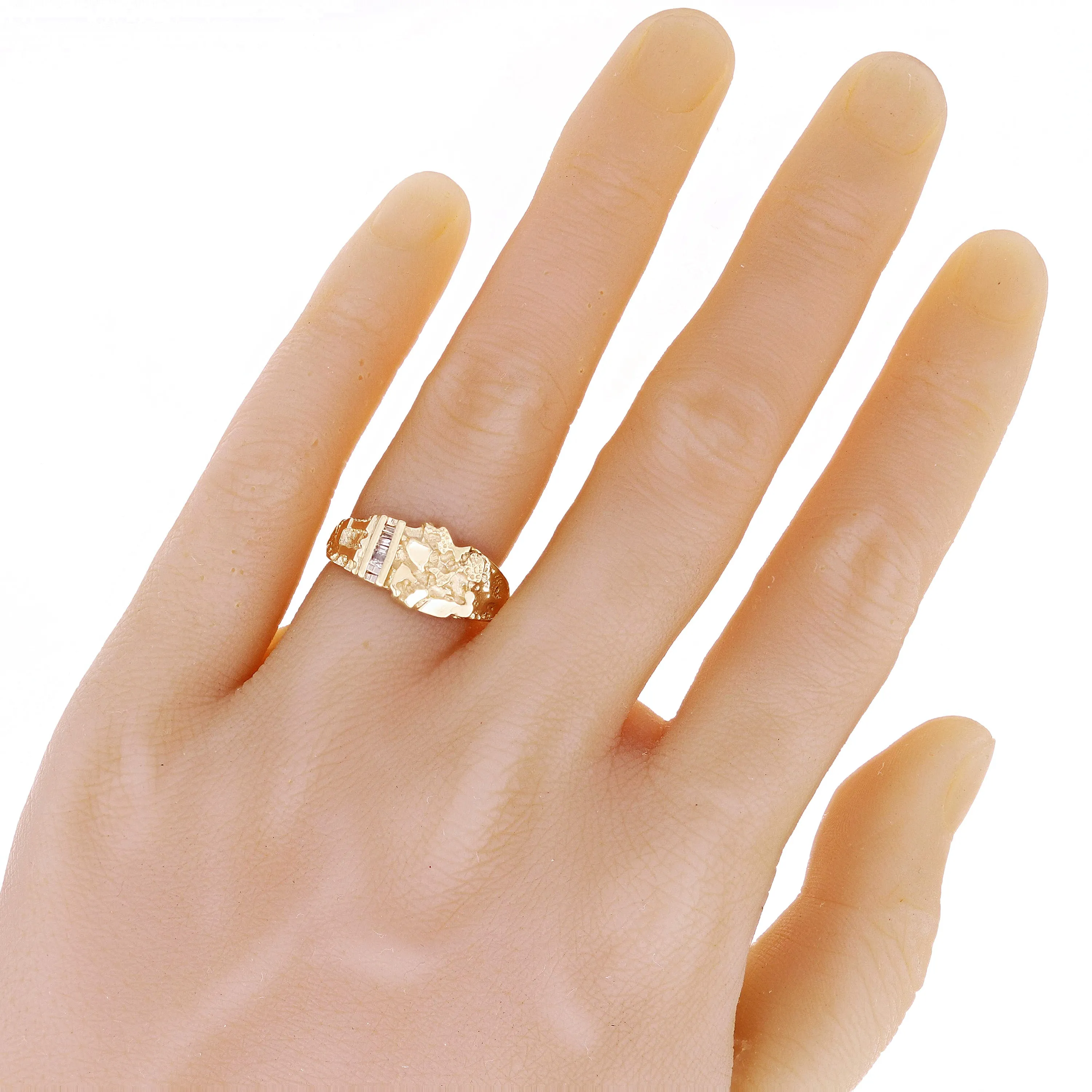 10k Yellow Gold Nugget Ring with Baguette Diamonds 10.4mm Size 11