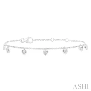 1/10 ctw Hanging Heart Motif Round Cut Diamond Station Bracelet in 10K White Gold