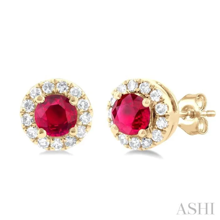 1/10 ctw Round Cut Diamond and 3.25MM Round Cut Ruby Halo Precious Stud Earrings in 10K Yellow Gold