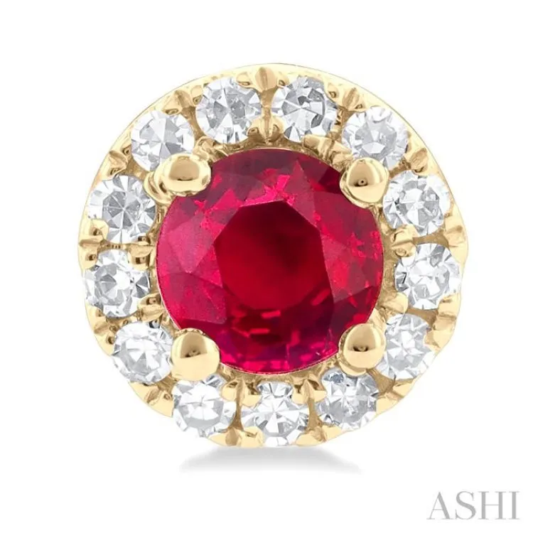 1/10 ctw Round Cut Diamond and 3.25MM Round Cut Ruby Halo Precious Stud Earrings in 10K Yellow Gold