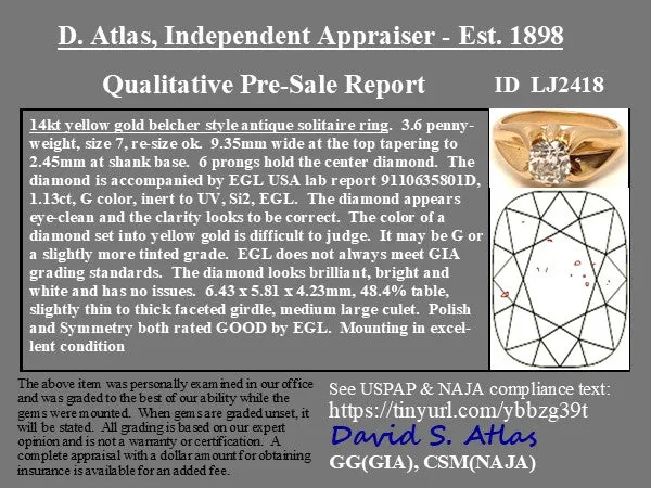 1.13ct Old Mine Cut Diamond Belcher Ring, EGL G SI2