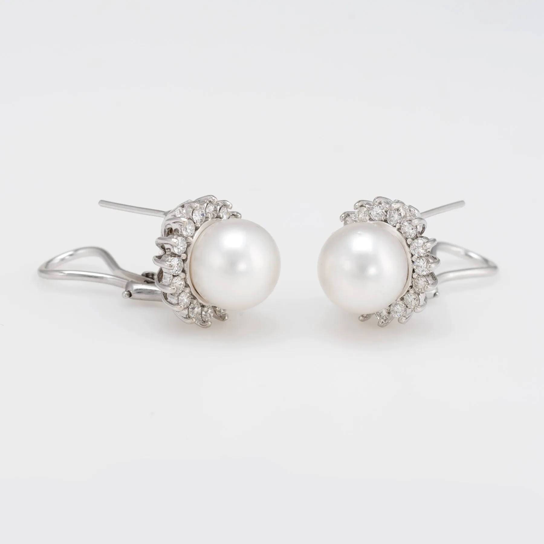 11mm Tahitian South Sea Pearl Diamond Earrings Vintage 14k White Gold Jewelry