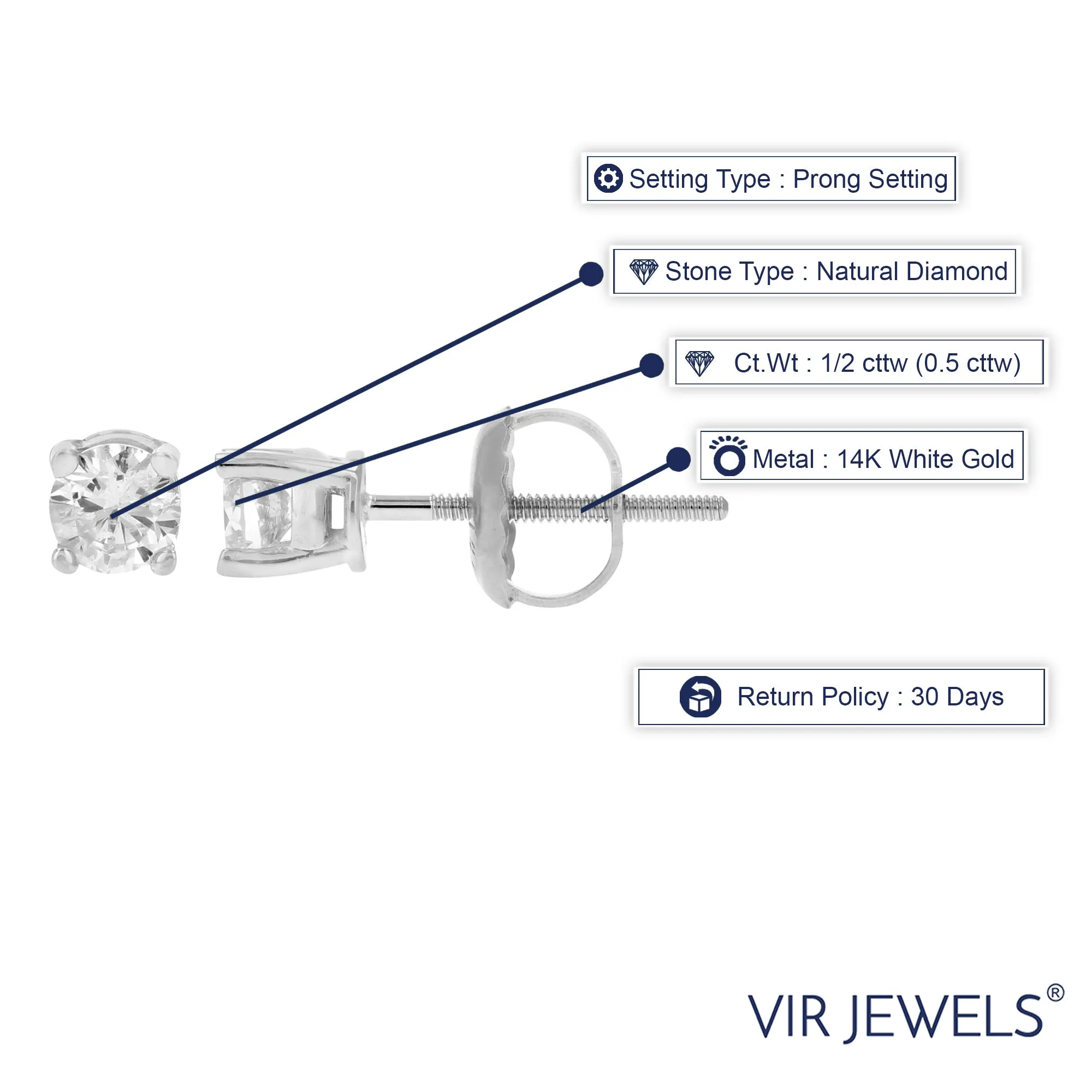 1/2 cttw Lab Grown Diamond Stud Earrings 14K White Gold VS1 Clarity E-F Color