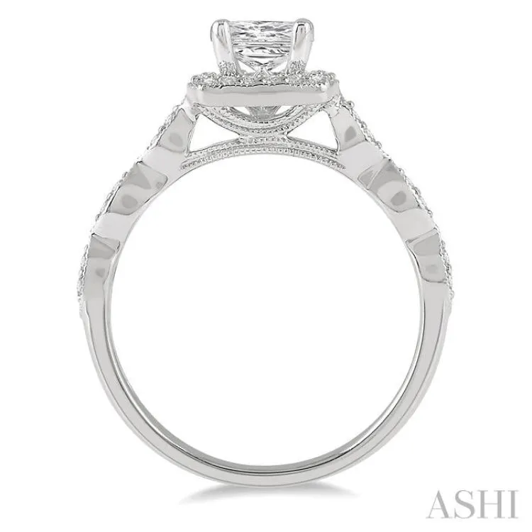 1/2 ctw Princess and Round Cut Diamond Ladies Engagement Ring with 1/3 Ct Princess Cut Center Stone in 14K White Gold