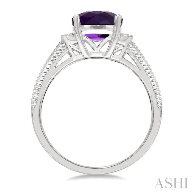 1/20 Ctw Round Cut Diamond & 10x8MM Cushion Cut Amethyst Semi Precious Ring in Sterling Silver
