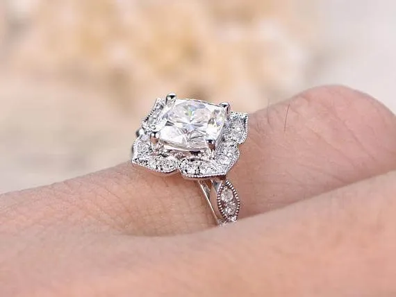 1.25 Carat Moissanite Diamond Wedding Ring Cushion Cut in 10k White Gold Halo Art Deco Design