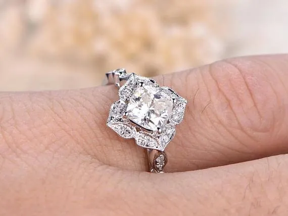 1.25 Carat Moissanite Diamond Wedding Ring Cushion Cut in 10k White Gold Halo Art Deco Design