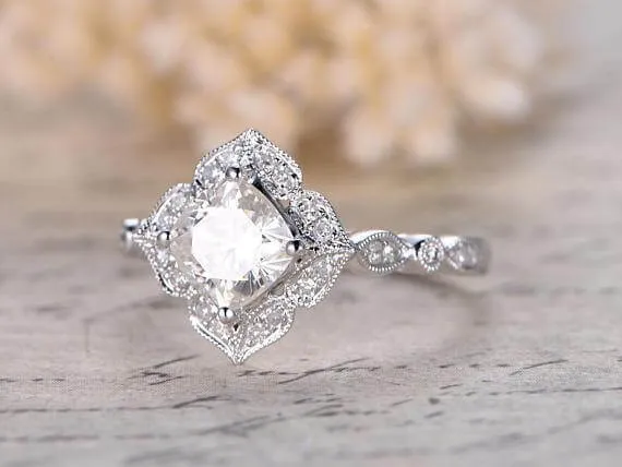 1.25 Carat Moissanite Diamond Wedding Ring Cushion Cut in 10k White Gold Halo Art Deco Design