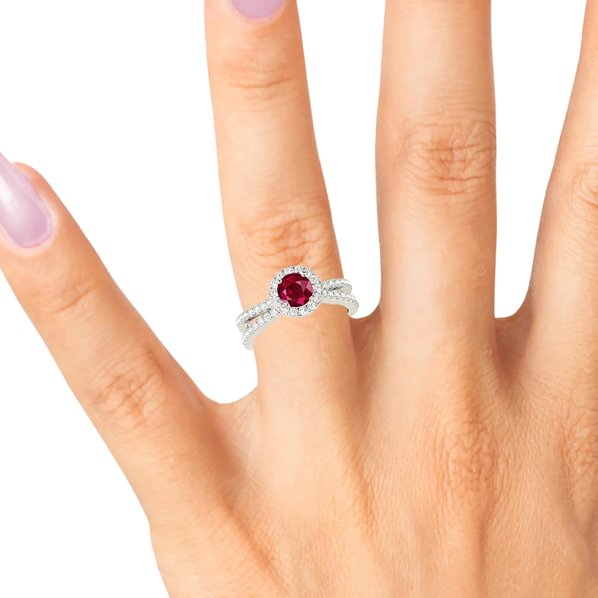 1.35 ct. Genuine Ruby Ring With Halo And Split Diamond Shank