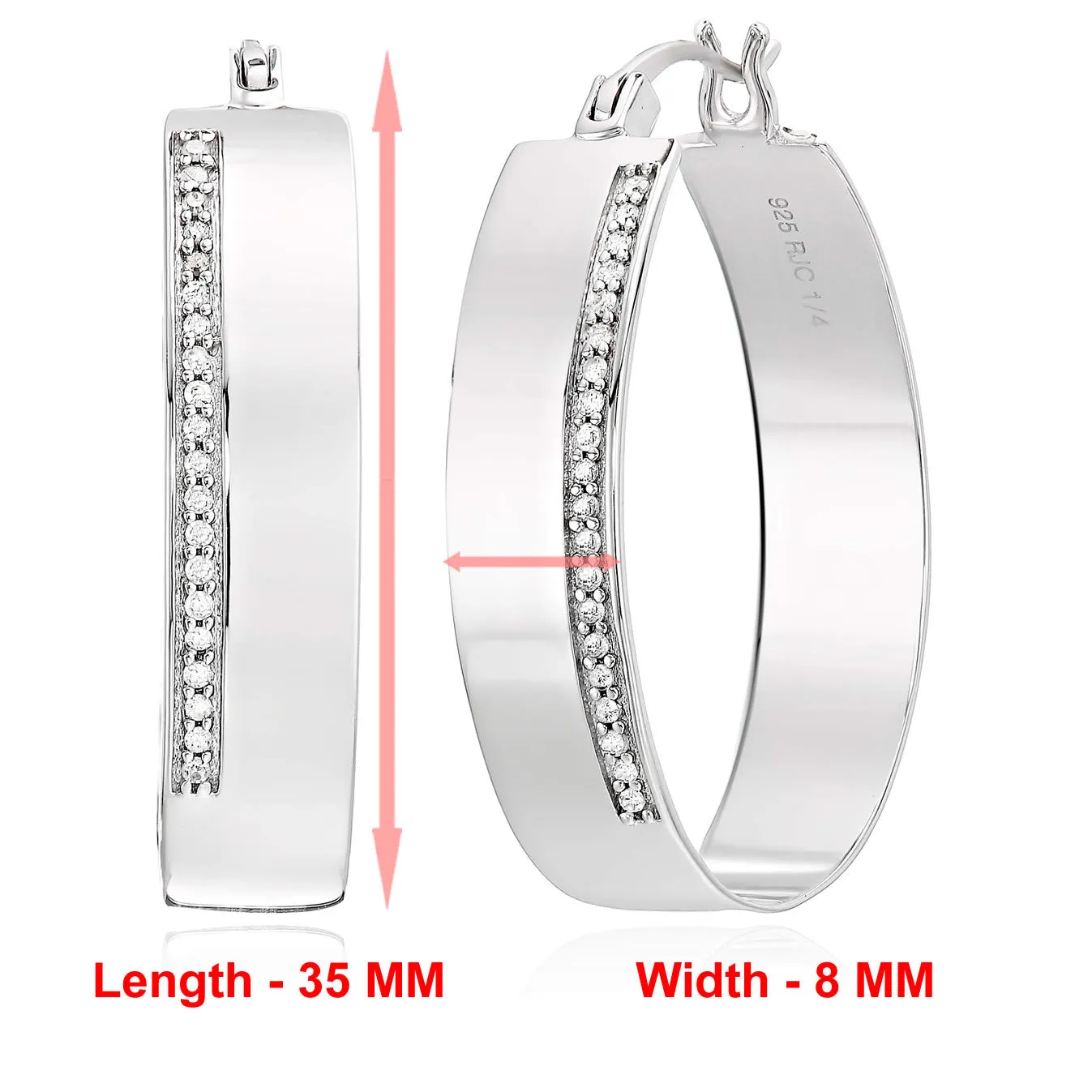 1/4 cttw Diamond Hoop Earrings .925 Sterling Silver with Rhodium Round 1.50 Inch