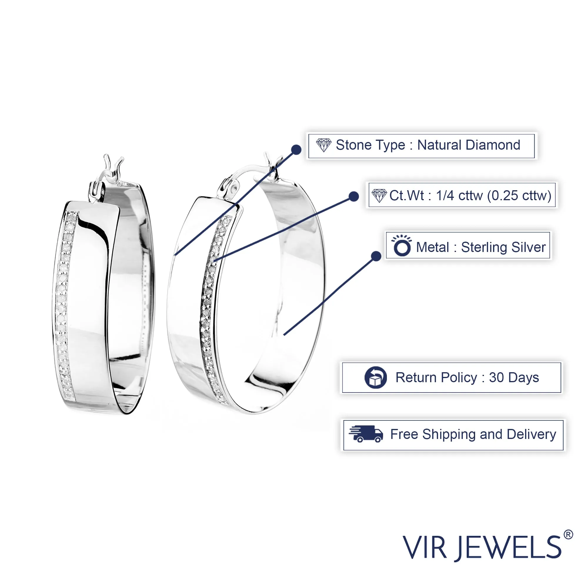 1/4 cttw Diamond Hoop Earrings .925 Sterling Silver with Rhodium Round 1.50 Inch
