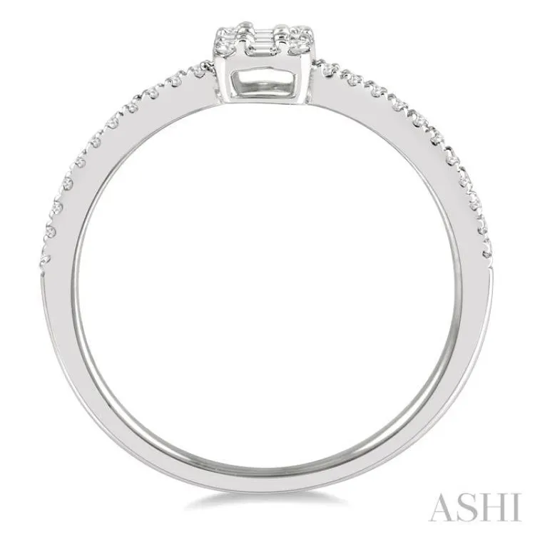 1/4 ctw Cushion Shape Petite Baguette and Round Cut Diamond Fashion Promise Ring in 14K White Gold
