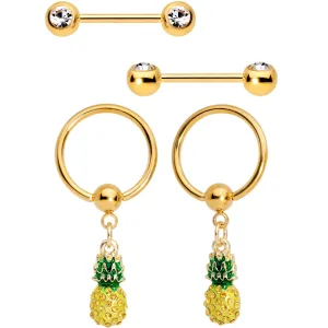 14 Gauge Clear CZ Gem Gold Tone Pineapple BCR Barbell Nipple Ring Set