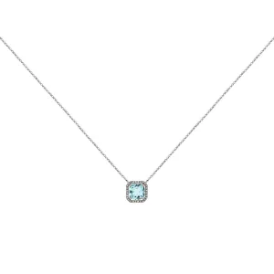 14 Karat White Gold Halo Necklace With A Aquamarine & Diamonds