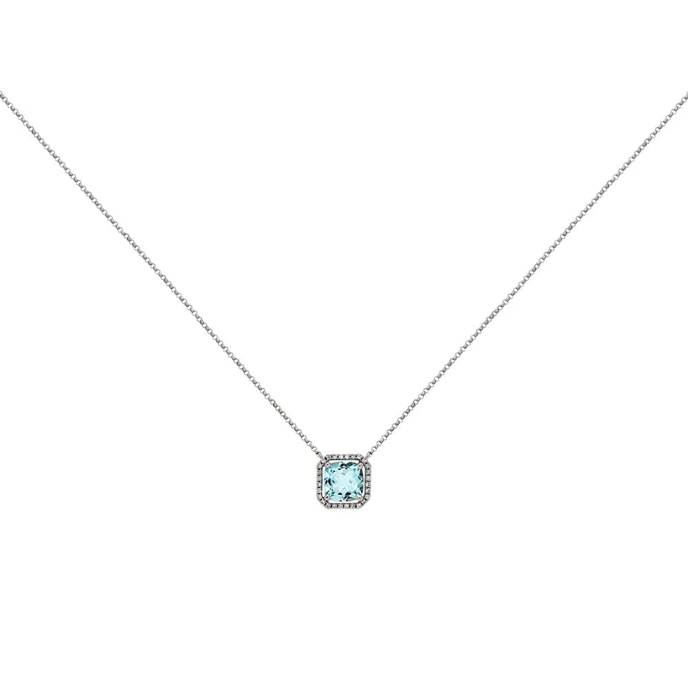 14 Karat White Gold Halo Necklace With A Aquamarine & Diamonds