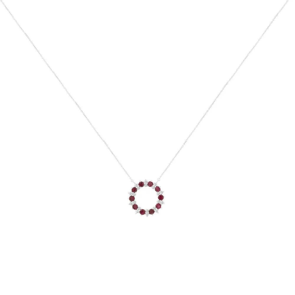 14 Karat White Gold Halo Necklace With Rubies & Diamonds