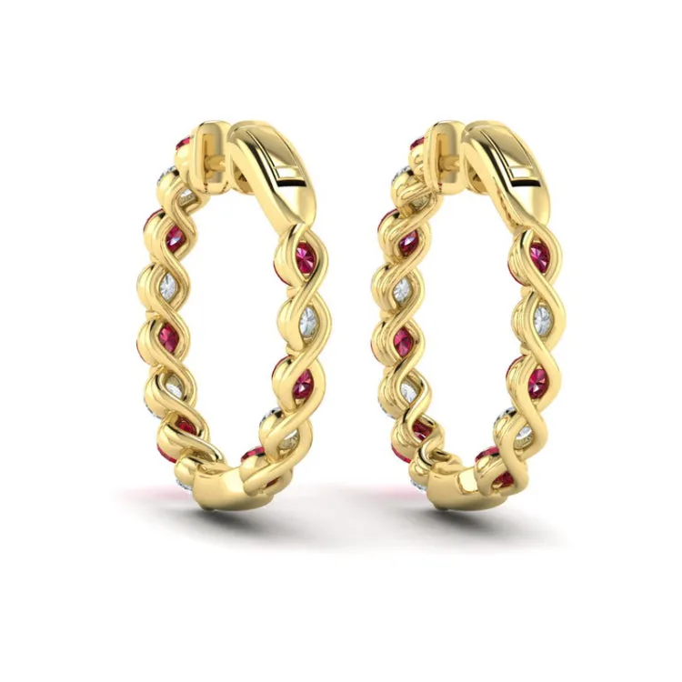 14 KT Yellow Gold Inside Out Diamond and Ruby  Hoop Earrings