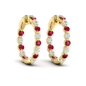 14 KT Yellow Gold Inside Out Diamond and Ruby  Hoop Earrings
