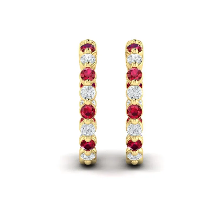 14 KT Yellow Gold Inside Out Diamond and Ruby  Hoop Earrings