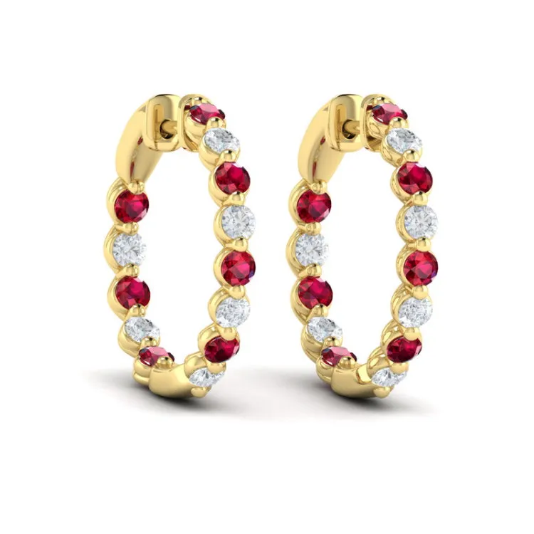 14 KT Yellow Gold Inside Out Diamond and Ruby  Hoop Earrings