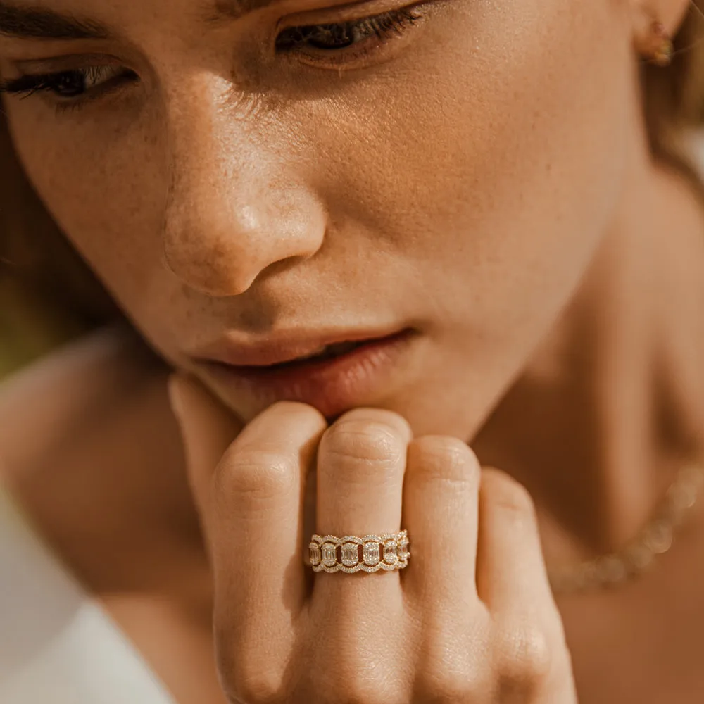 14k Baguette Diamond Ring in Halo Setting