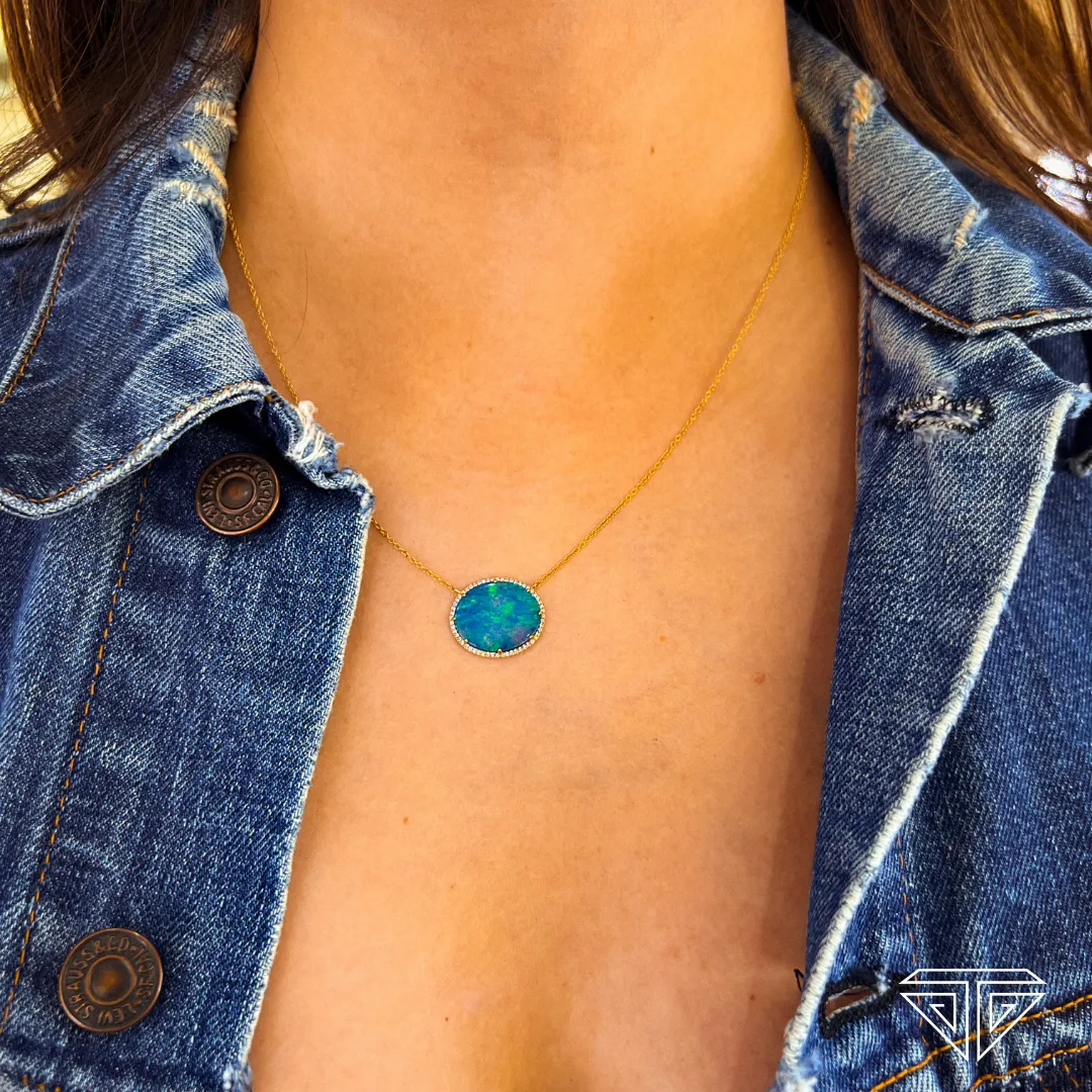 14K Black Opal and Diamond East-West Oval Pendant