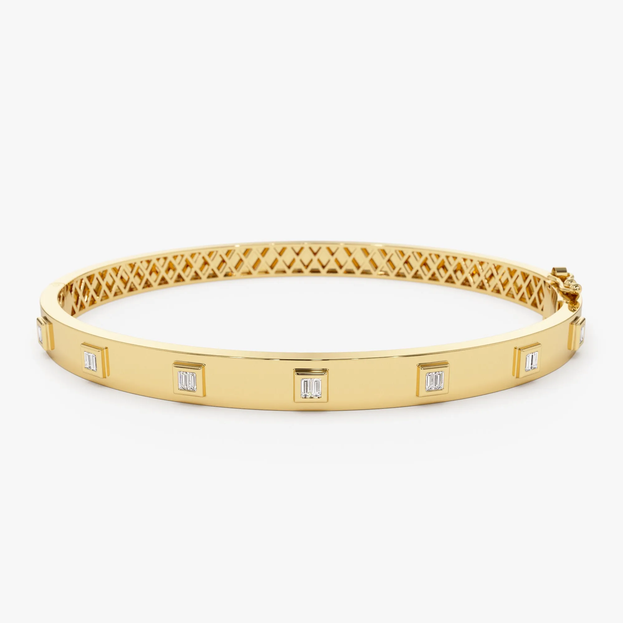 14k Gold Baguette Diamond Bezel Setting Statement Bangle
