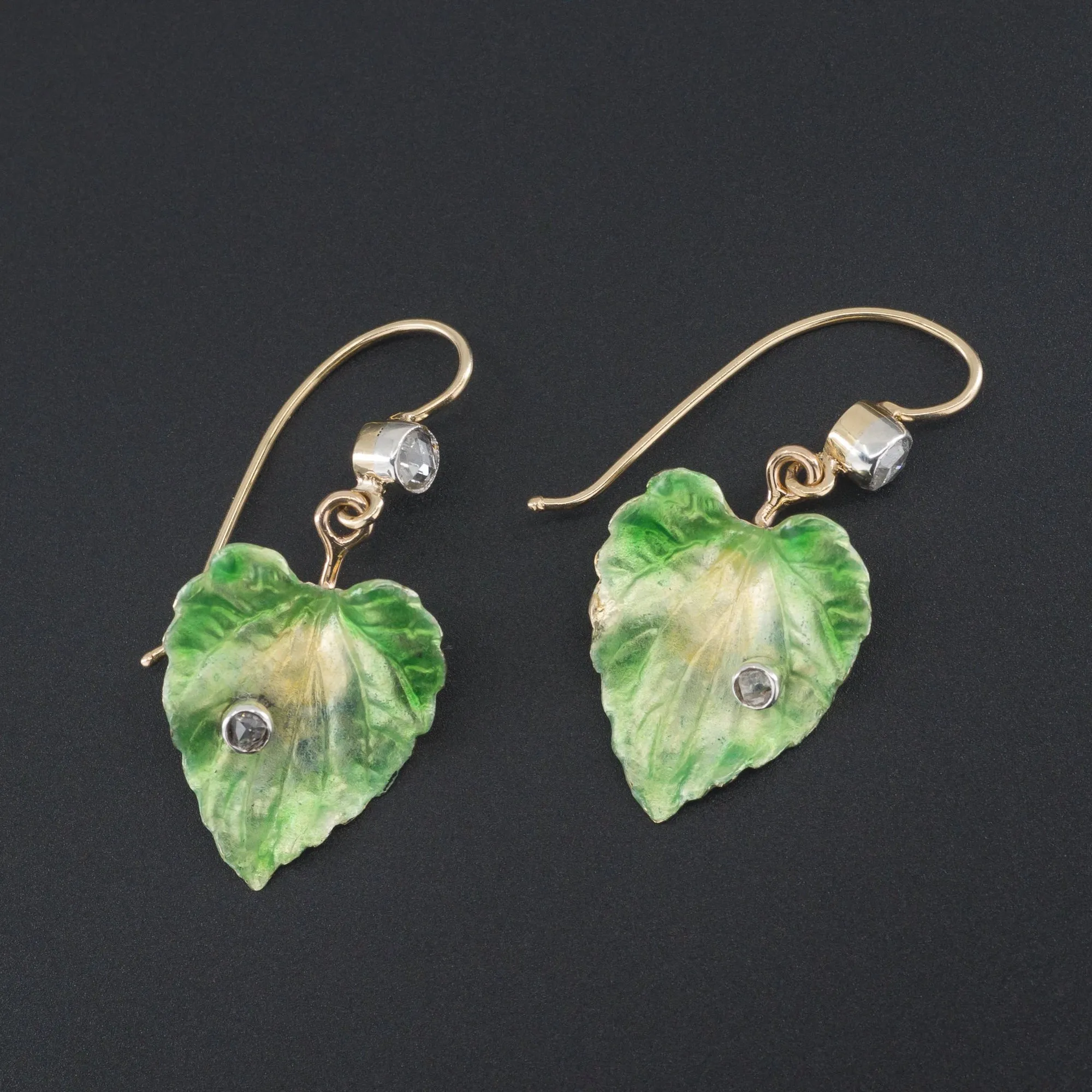 14k Gold Enamel Leaf Earrings | Antique Pin Conversion Earrings