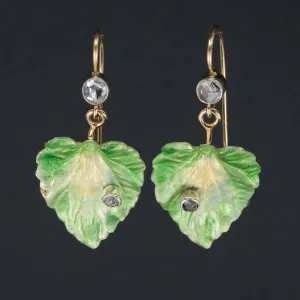 14k Gold Enamel Leaf Earrings | Antique Pin Conversion Earrings