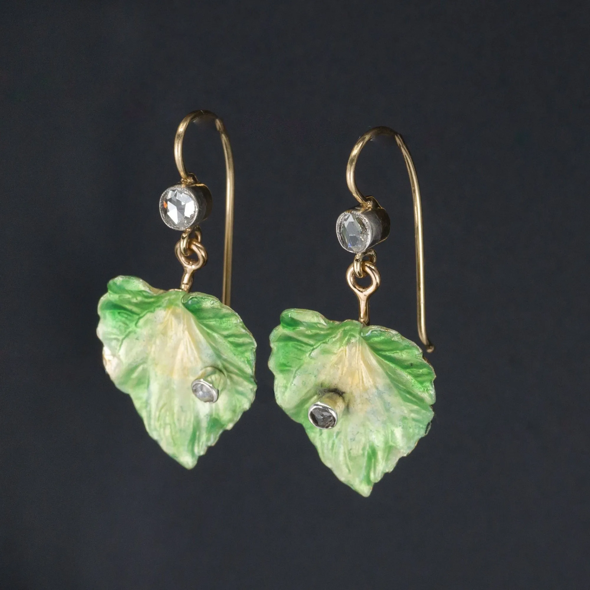 14k Gold Enamel Leaf Earrings | Antique Pin Conversion Earrings
