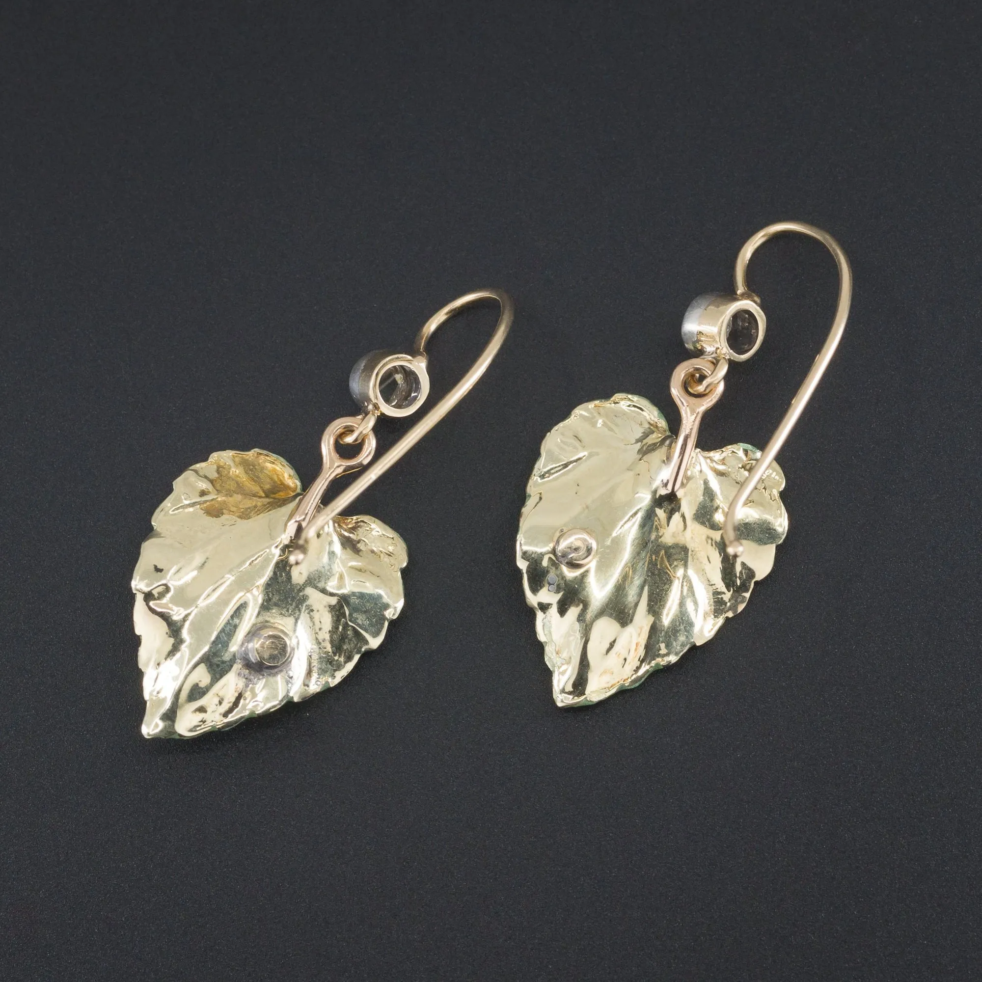 14k Gold Enamel Leaf Earrings | Antique Pin Conversion Earrings