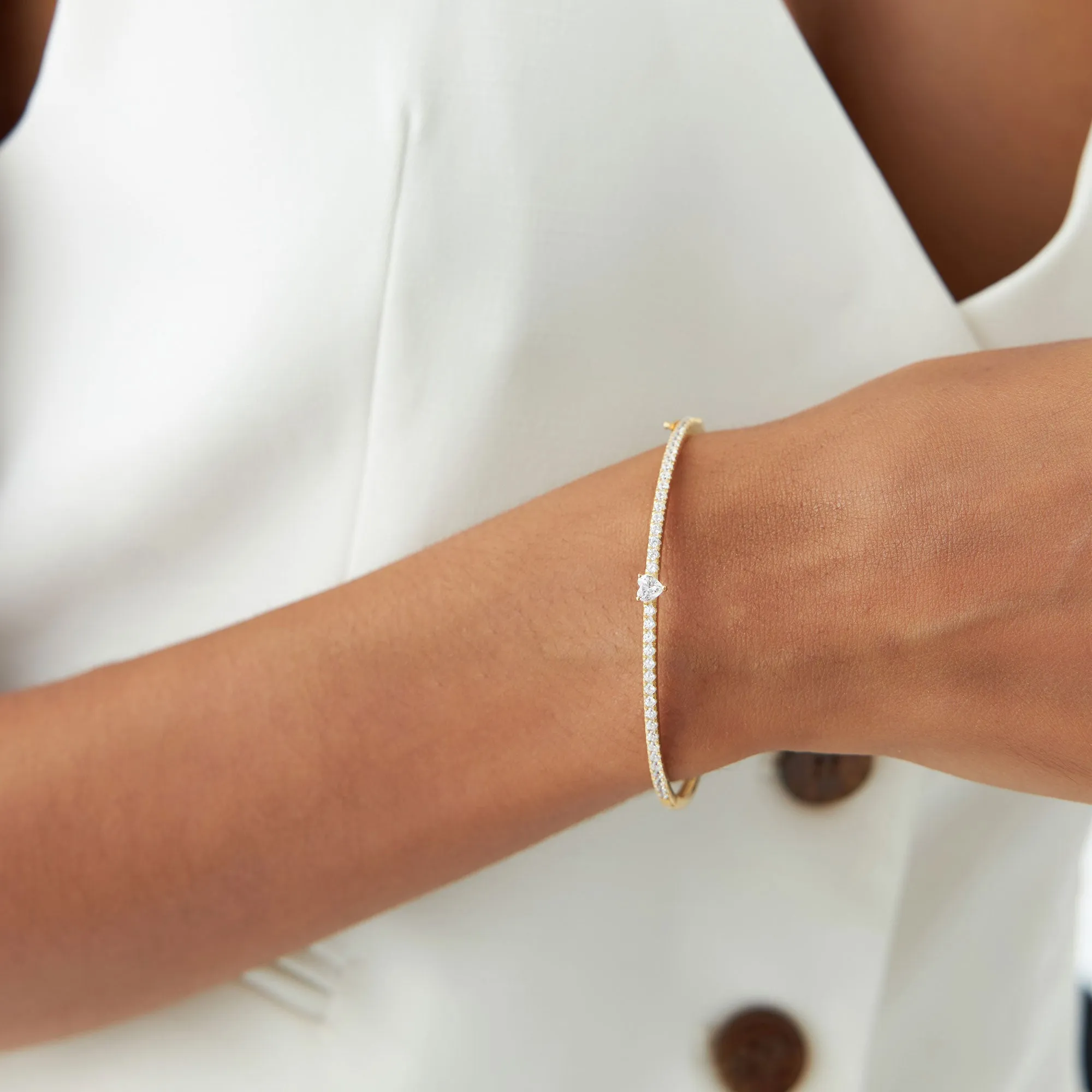 14k Gold Heart Shaped and Round Diamond Bangle